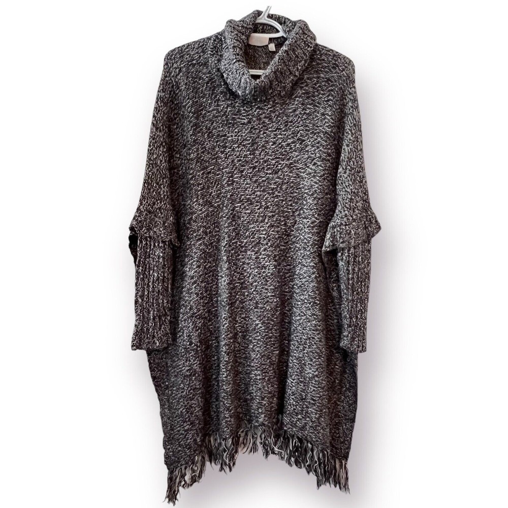 RD Style Charcoal Gray White Long Sleeve Turtleneck Poncho Sweater Fringe Small